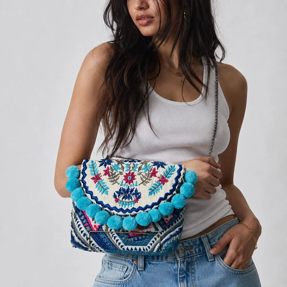 Paper Source Embroidered Pom Pom Crossbody Bag Blue Pink Boho Geometric Clutch